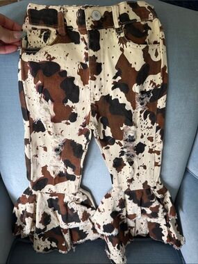 Ruffled Cow-Print Kids Jeans in Brown/Black